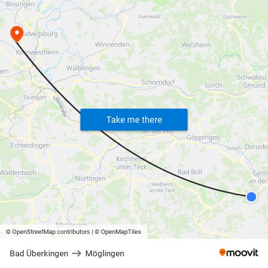 Bad Überkingen to Möglingen map