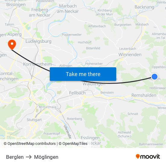 Berglen to Möglingen map