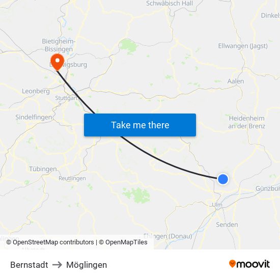 Bernstadt to Möglingen map