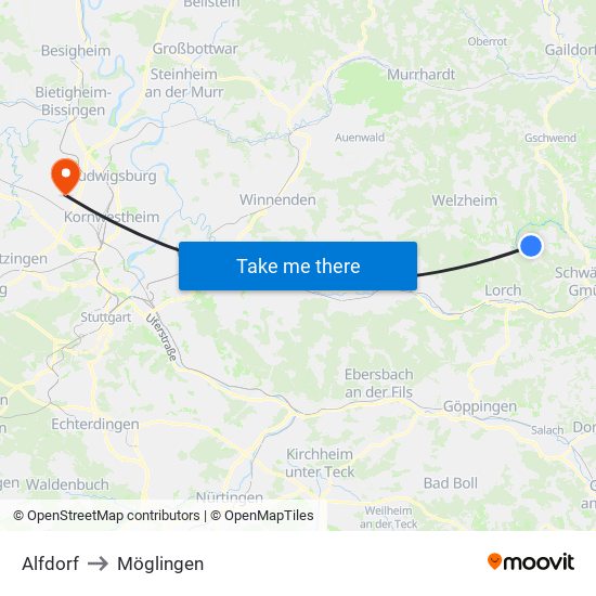 Alfdorf to Möglingen map