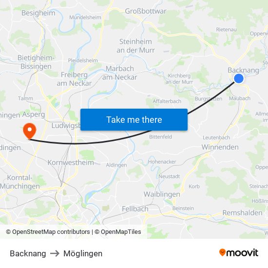 Backnang to Möglingen map