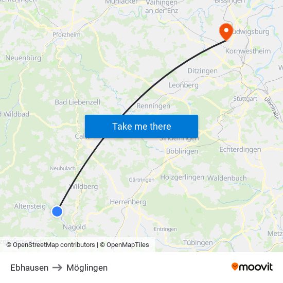 Ebhausen to Möglingen map