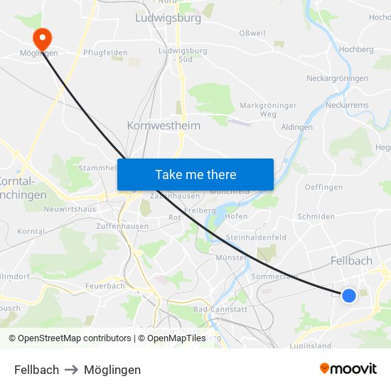 Fellbach to Möglingen map