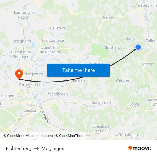 Fichtenberg to Möglingen map