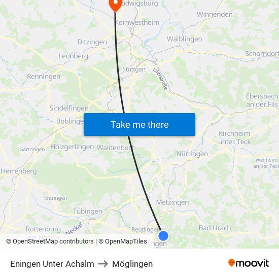Eningen Unter Achalm to Möglingen map