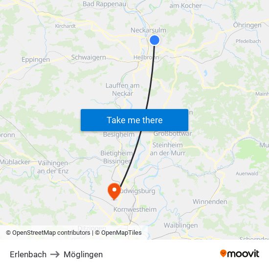 Erlenbach to Möglingen map