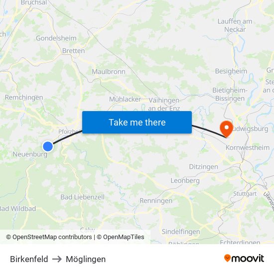 Birkenfeld to Möglingen map