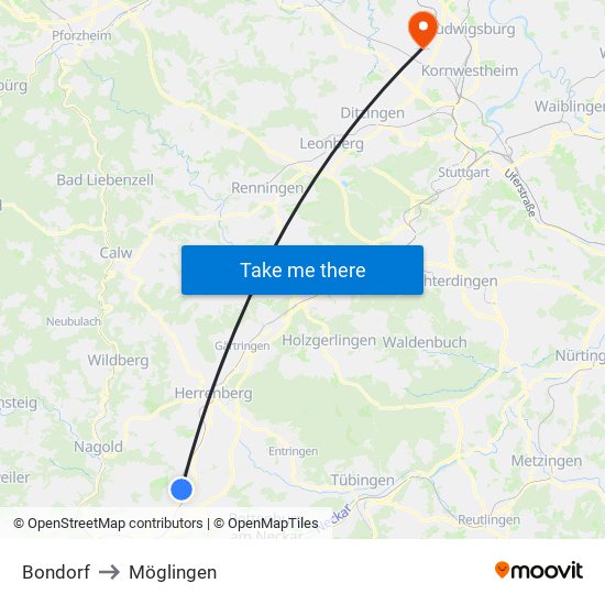 Bondorf to Möglingen map