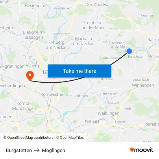 Burgstetten to Möglingen map