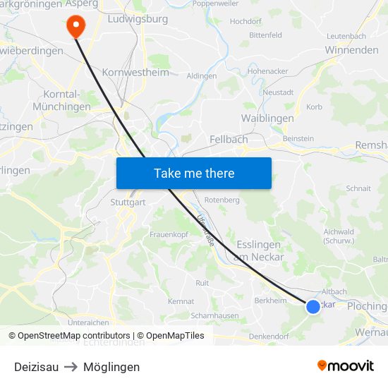 Deizisau to Möglingen map