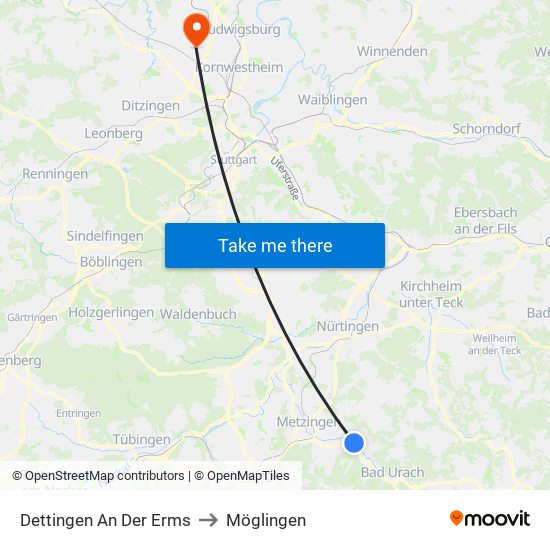 Dettingen An Der Erms to Möglingen map