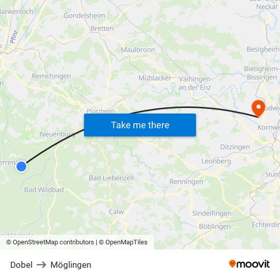 Dobel to Möglingen map