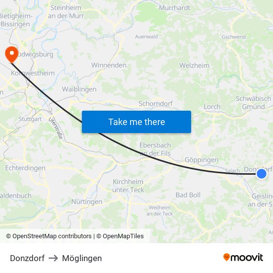 Donzdorf to Möglingen map