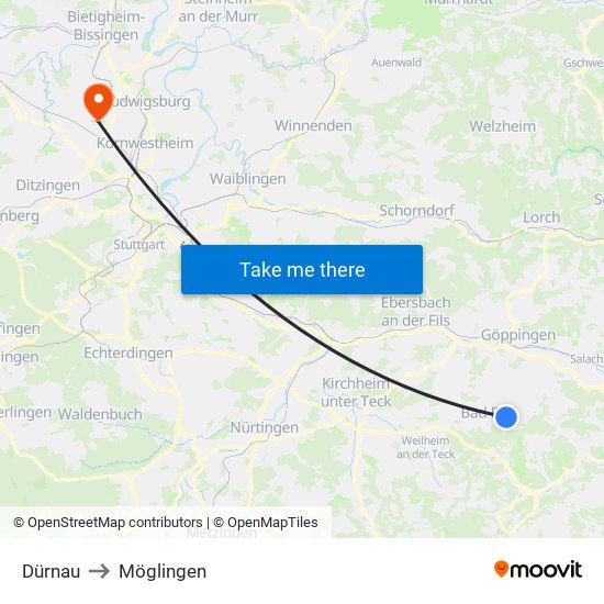 Dürnau to Möglingen map