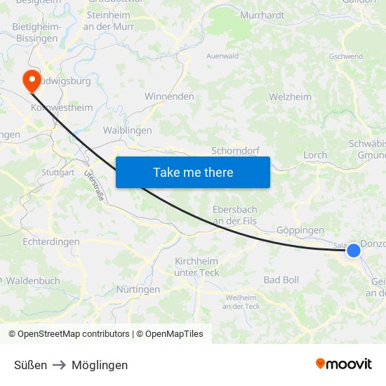 Süßen to Möglingen map