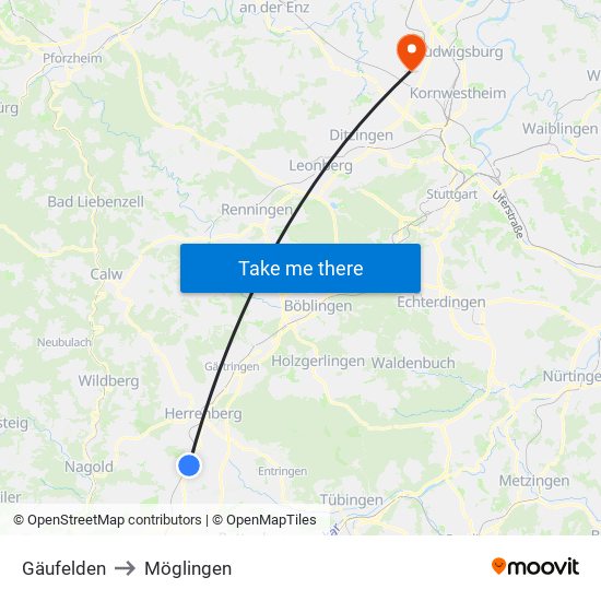 Gäufelden to Möglingen map