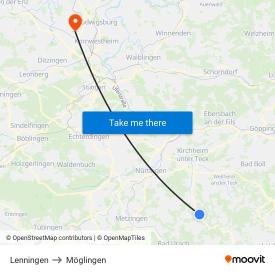 Lenningen to Möglingen map