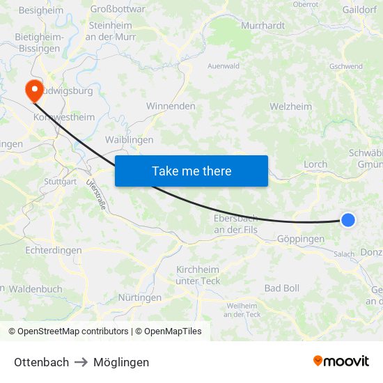 Ottenbach to Möglingen map