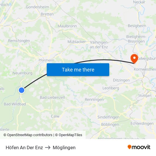 Höfen An Der Enz to Möglingen map