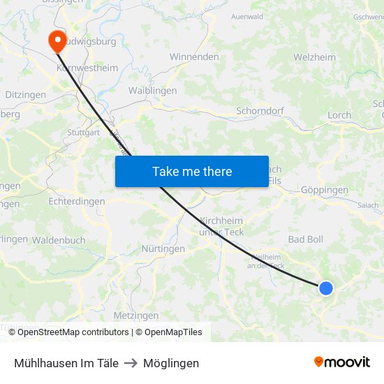 Mühlhausen Im Täle to Möglingen map