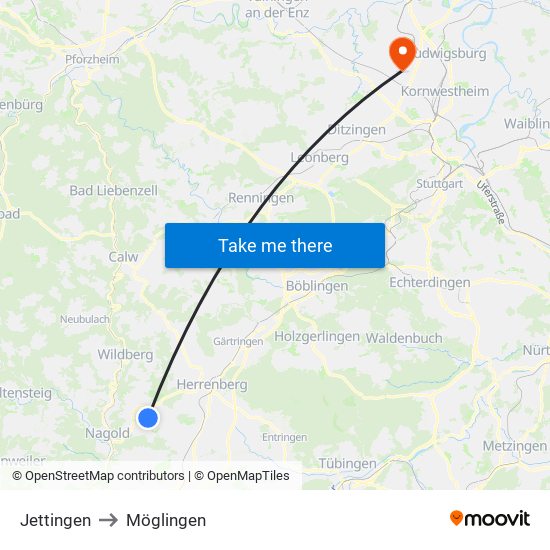 Jettingen to Möglingen map