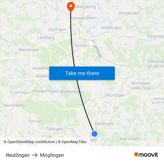 Reutlingen to Möglingen map