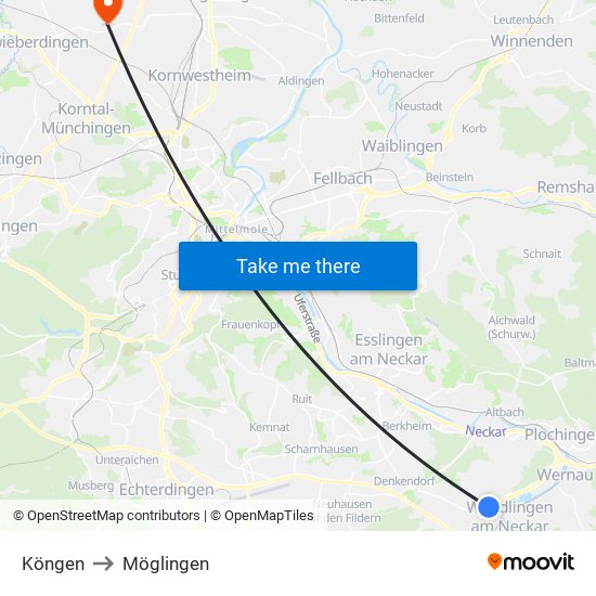 Köngen to Möglingen map