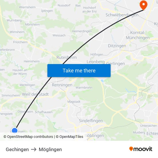 Gechingen to Möglingen map