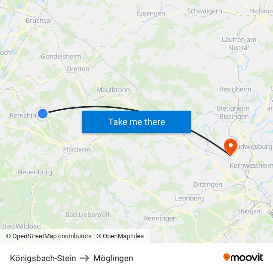 Königsbach-Stein to Möglingen map