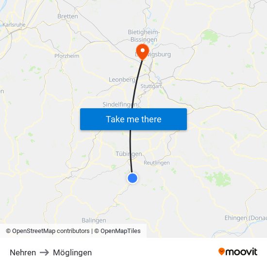 Nehren to Möglingen map
