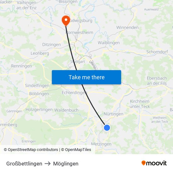 Großbettlingen to Möglingen map