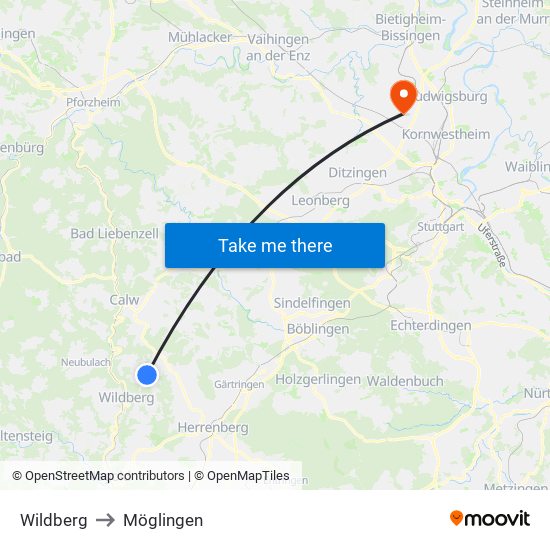 Wildberg to Möglingen map