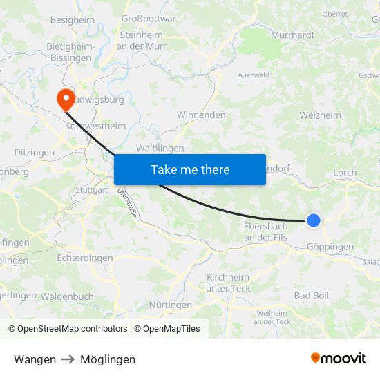 Wangen to Möglingen map