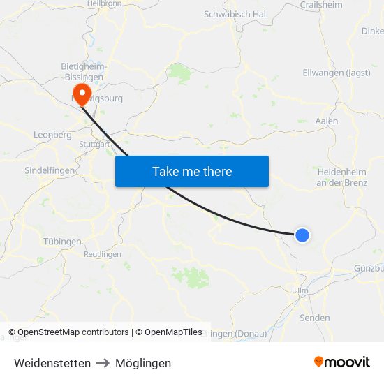 Weidenstetten to Möglingen map