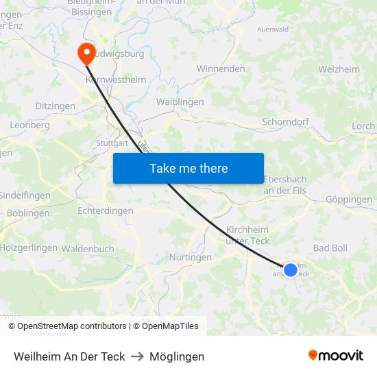 Weilheim An Der Teck to Möglingen map