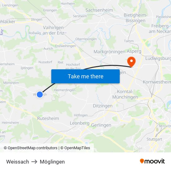 Weissach to Möglingen map