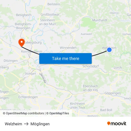 Welzheim to Möglingen map