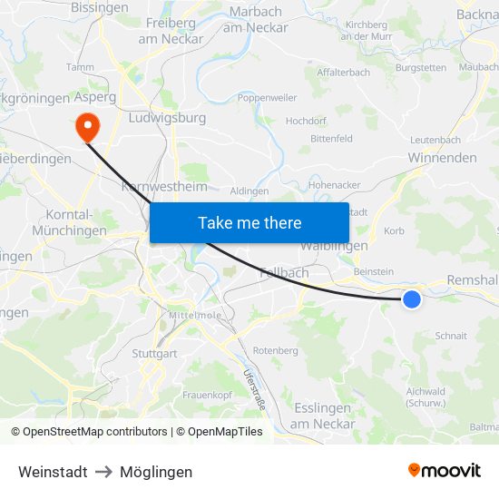 Weinstadt to Möglingen map