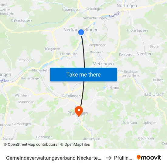 Gemeindeverwaltungsverband Neckartenzlingen to Pfullingen map