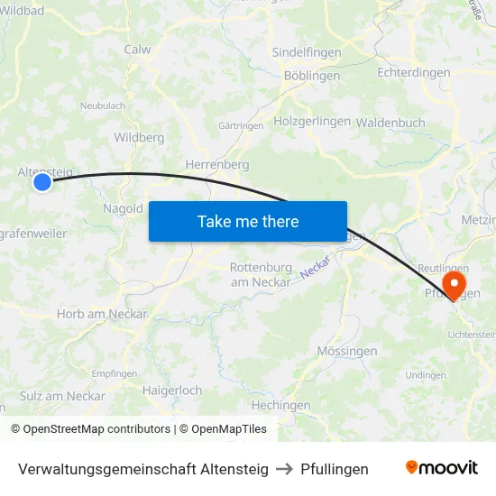 Verwaltungsgemeinschaft Altensteig to Pfullingen map