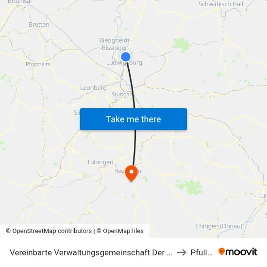 Vereinbarte Verwaltungsgemeinschaft Der Stadt Freiberg am Neckar to Pfullingen map