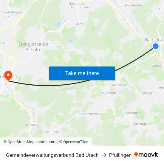 Gemeindeverwaltungsverband Bad Urach to Pfullingen map