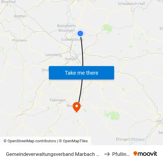 Gemeindeverwaltungsverband Marbach am Neckar to Pfullingen map