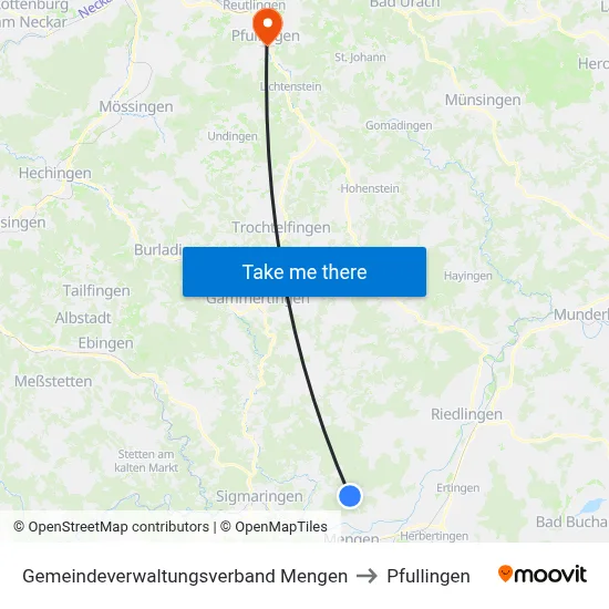 Gemeindeverwaltungsverband Mengen to Pfullingen map