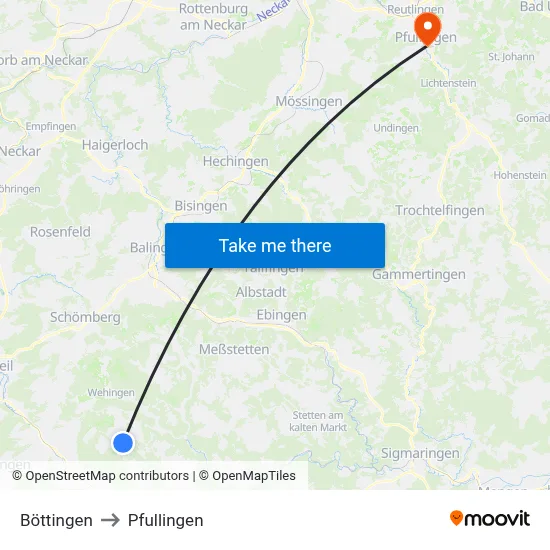 Böttingen to Pfullingen map