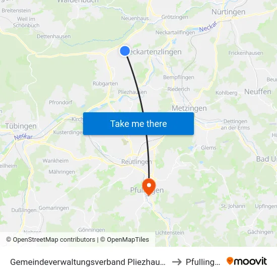 Gemeindeverwaltungsverband Pliezhausen to Pfullingen map