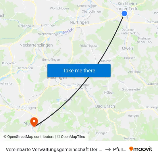 Vereinbarte Verwaltungsgemeinschaft Der Stadt Kirchheim Unter Teck to Pfullingen map