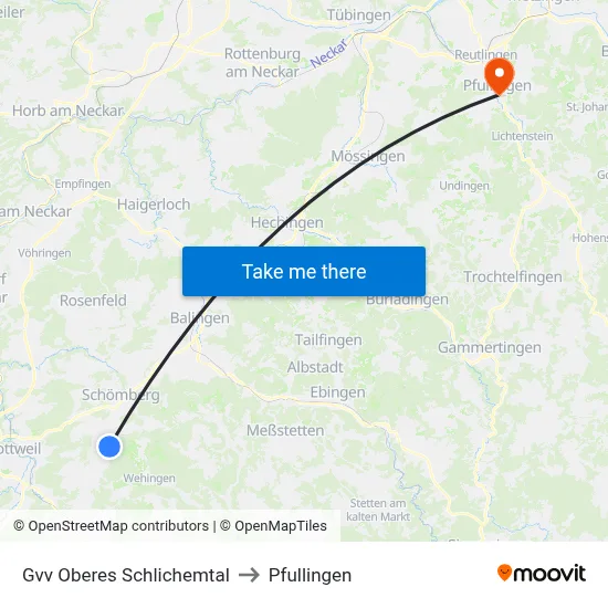 Gvv Oberes Schlichemtal to Pfullingen map