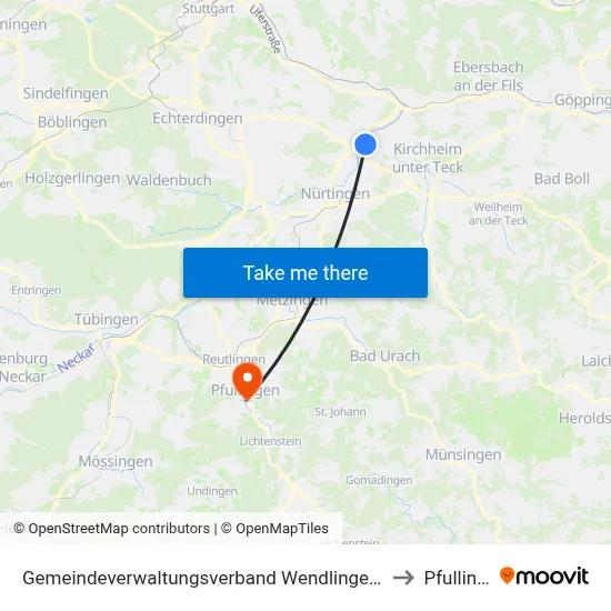 Gemeindeverwaltungsverband Wendlingen am Neckar to Pfullingen map