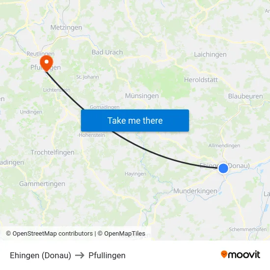 Ehingen (Donau) to Pfullingen map